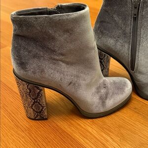 Gray Velvet Ankle Boots with Snake Print Heel